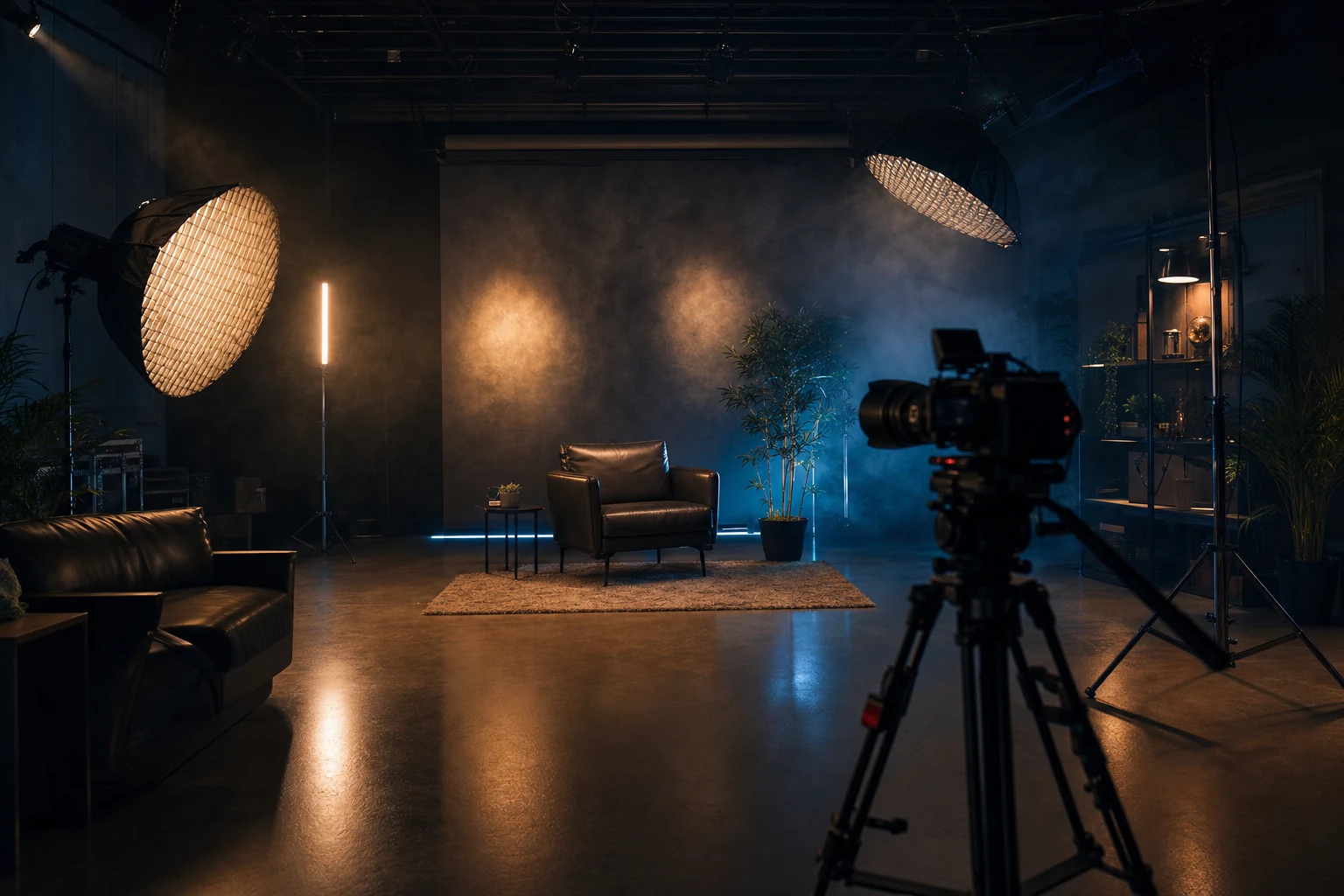 Set de grabación profesional con softboxes, backdrop y cámara