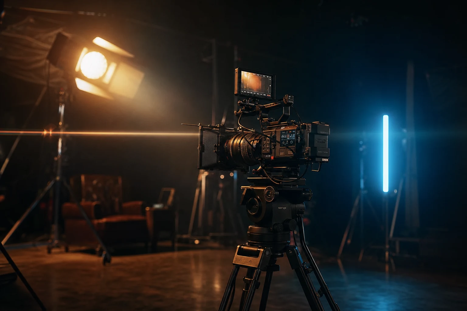 Set de producción audiovisual con cámara, iluminación cálida y atmósfera cinematográfica